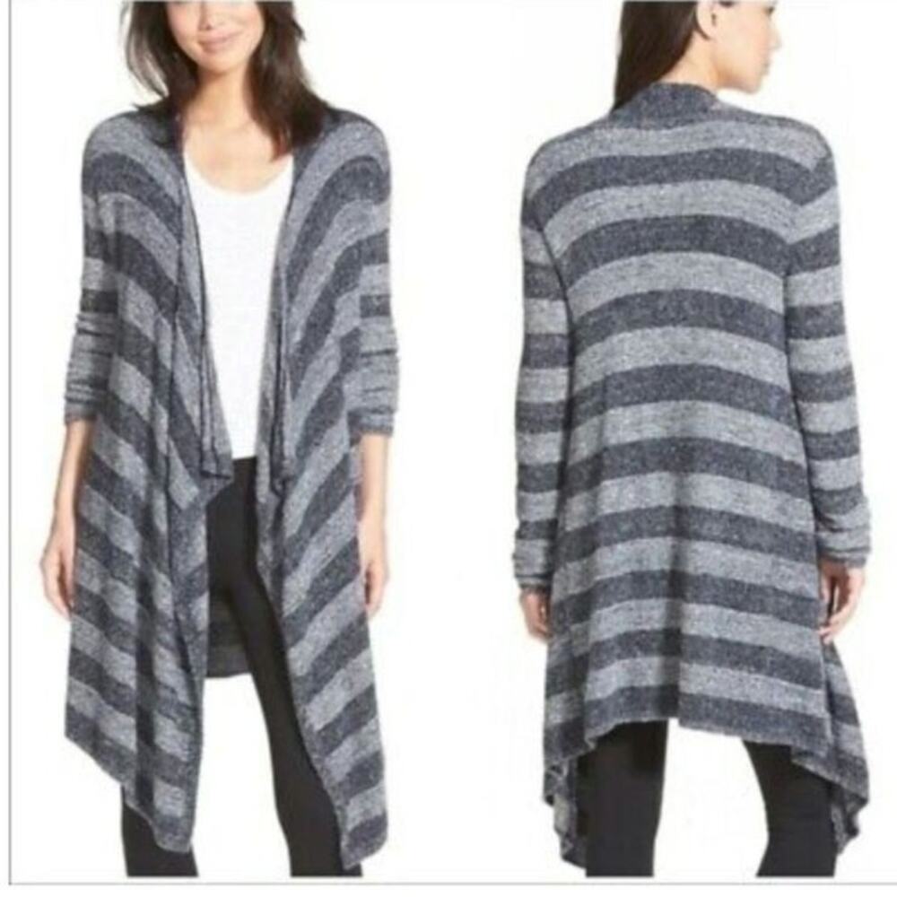 Barefoot Dream Bamboo Chic Lite Women L/ XL Blue Gray Striped Soft Comfy Sweater